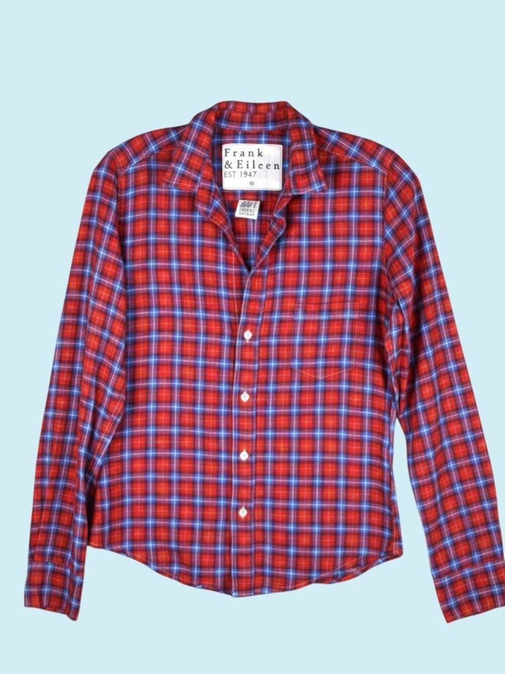 Frank & Eileen Barry Button Down Top Size XS Red Blue Plaid Long Sleeve Flannel